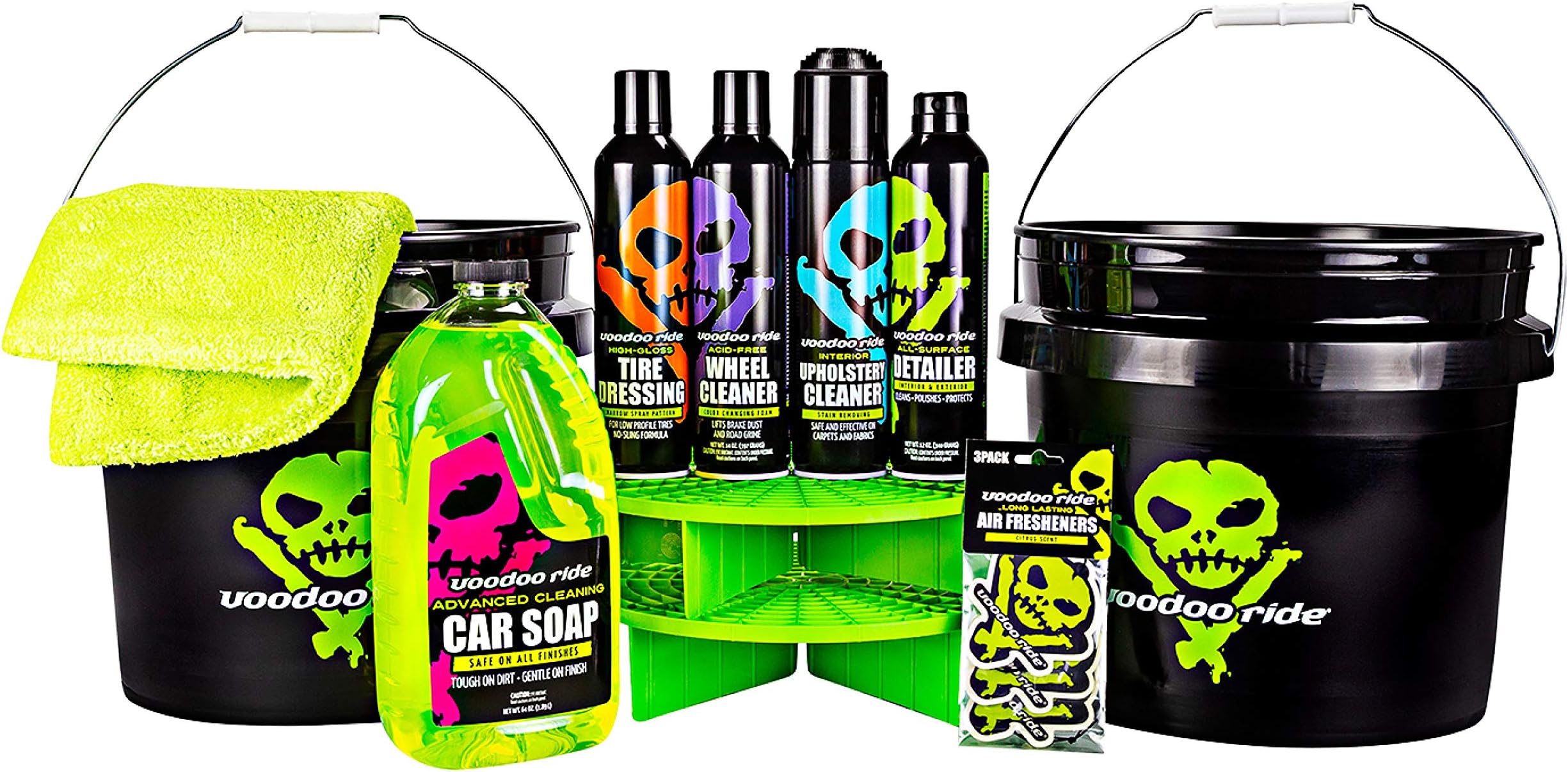 Voodoo Ride Interior and Exterior Essentials Kit | 2 Wash Buckets (3.5 Gallon), Grit Guard, Microfiber Drying Towel, pH-Balance Car Soap (64oz), Wheel Cleaner, Tire Dressing, All-Purpose Detailer