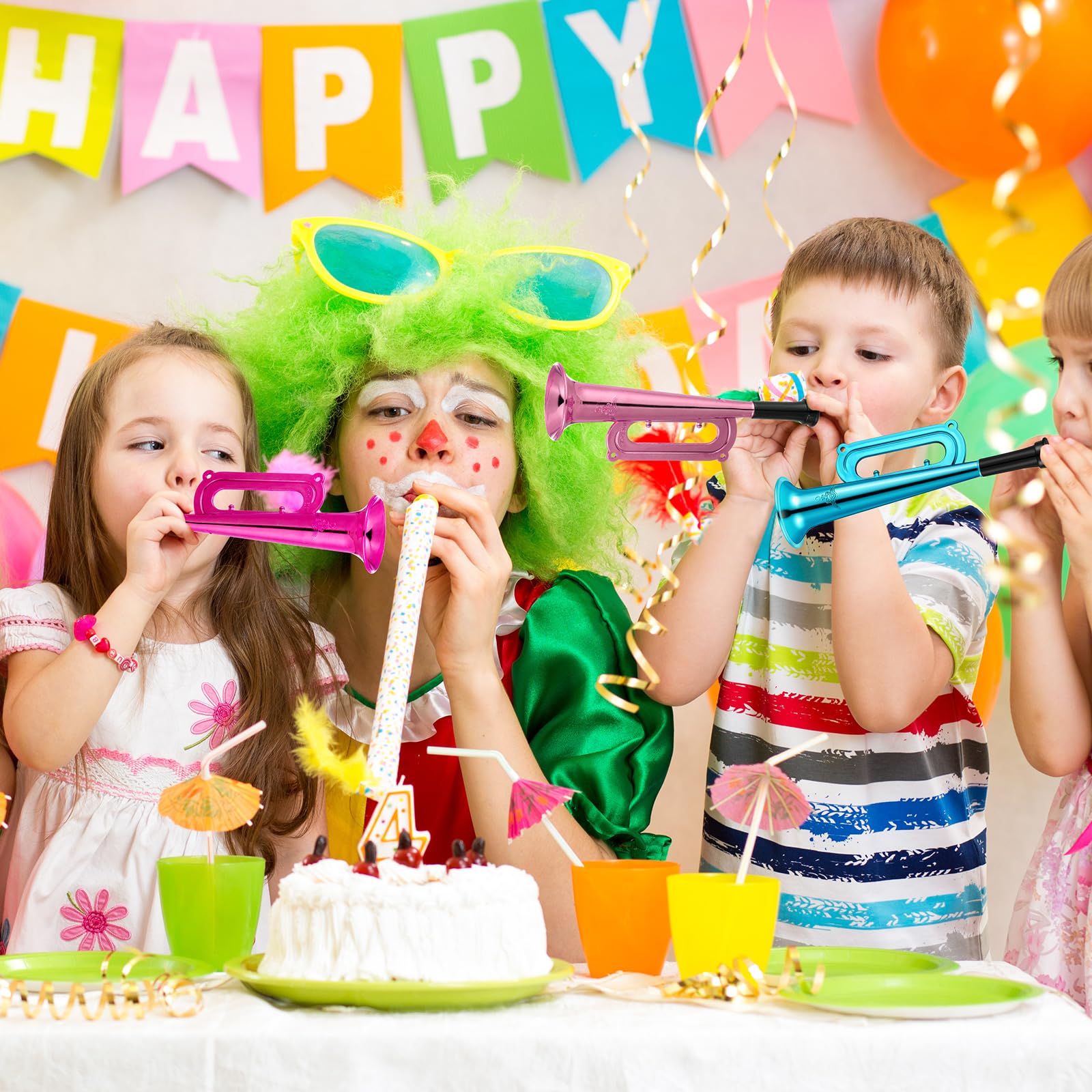 Poen 12 Pcs Toy Trumpet Kids Mini Metallic Trumpet Parties Musical Blow Horn Instruments Plastic Noise Makers for Kids Events Party Favors Music Class Stage Props 7 Inch Easter Day(Gold)