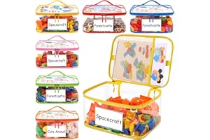 POILKMNI Upgraded 6 Pack Clear Toy Storage Bag - with Name Tag Manual Pocket, Transparent PVC Toy Organizer Case with Zipper for Board Game, Building Block, Puzzle, Large Capacity for Kids Ages 6+ (Colorful)