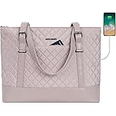 KROSER Laptop Tote Bag 15.6 Inch with USB Port, Large Work Tote Bag Computer Shoulder Bag for Women, Laptop Carrying Case Stylish Handbag Gift for Office Business Travel(Grey Pink)