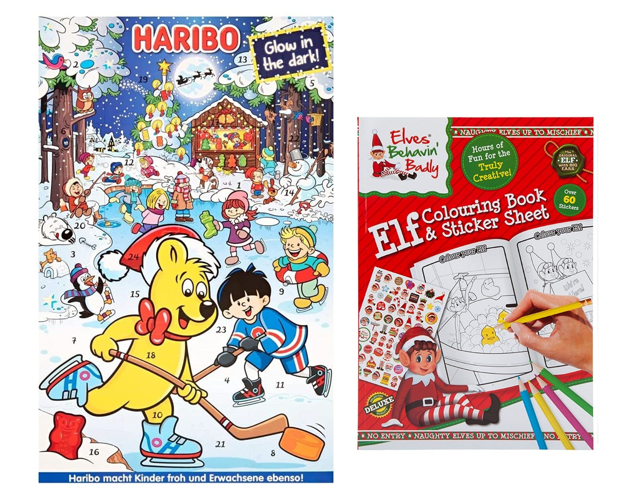 Haribo Advent Calendar 2021 Sweets gift (300g) with Glow in the Dark and Elf Colouring & Sticker book. Christmas countdown treat for kids and adult