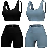 YWBIN 4 Piece Workout Sets for Women Seamless Ribbed High Waist Yoga shorts with Sports Bra Outfits