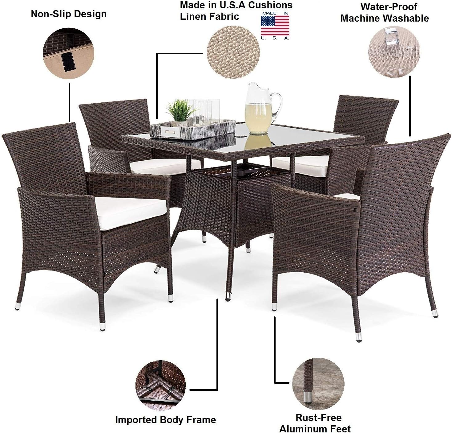 OAKVILLE FURNITURE 61205 5-Piece Patio Set Square Glass Top Dining Table with Standard Umbrella Hole 4 Outdoor Chairs, Brown Wicker, Beige Cushion: Garden & Outdoor