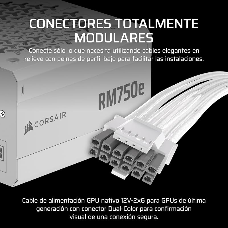 RM750e (2025) Fuente de Alimentación ATX Totalmente Modular de Bajo Ruido con Cable 12V-2x6 – Compatible con ATX 3.1 y PCIe 5.1, Eficiencia Cybenetics Gold, Condensadores a 105°C – Blanco