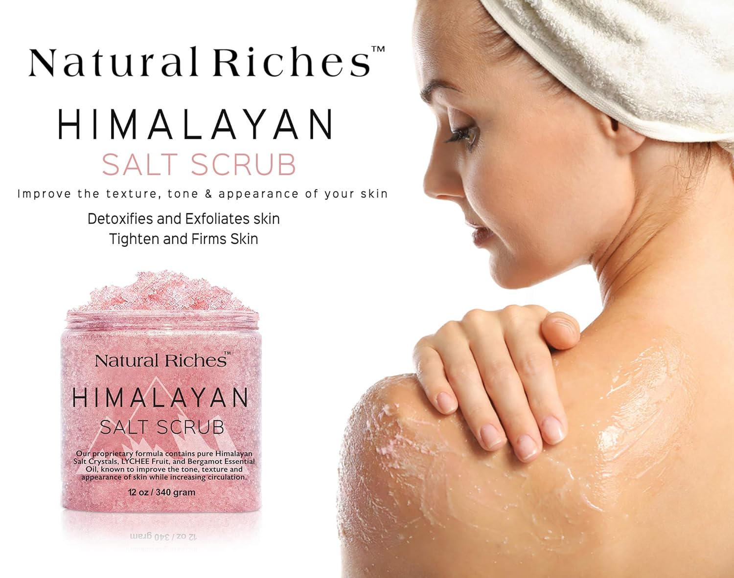 Natural Riches Himalayan Salt Body Scrub - (12 Oz / 340 gm) - Deep Cleansing Exfoliator, All-Natural exfoliate with Vitamin C, Bergamot and Lychee Essential Oils : Beauty