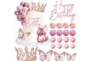 LEFUBABY Balls Cake Toppers Happy Birthday Crown Tiara Cake Toppers for Birthday Wedding Baby Shower Party Decorations (Rose Gold Pink)