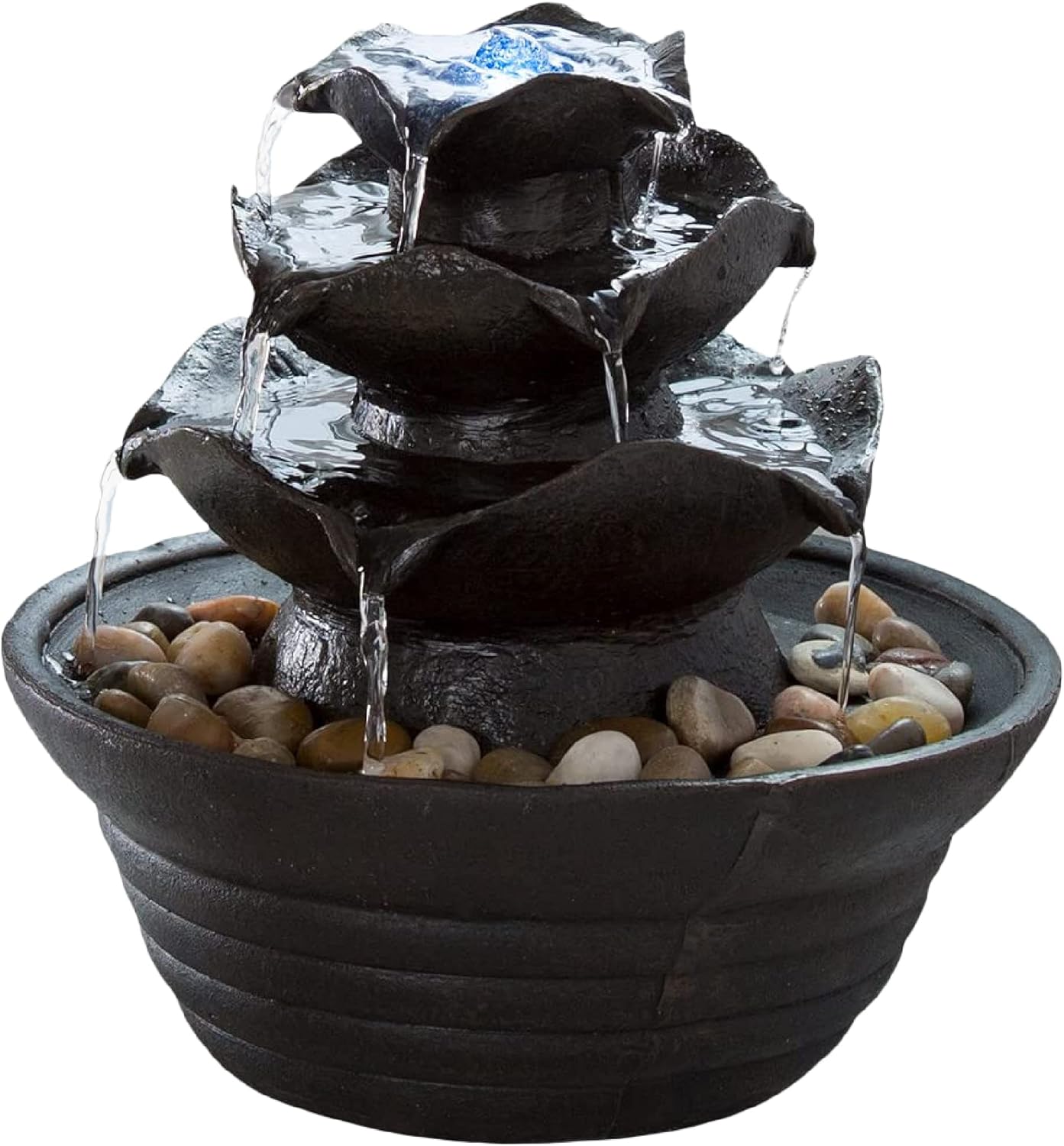 Indoor Fountains & Accessories - Indoor Water Fountain With LED Lights- Lighted Three Tier Soothing Cascading Tabletop Fountain With Rocks for Office and Home Décor By Pure Garden, Black