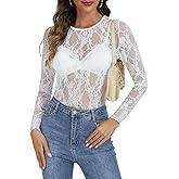 Lace Long Sleeve Tops for Women Mesh Sheer Sexy Undershirt Crew Neck Floral See Through Shirts