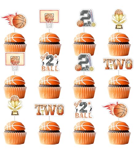 Born 2 Ball Cupcake Toppers - 40 Piece 2nd Birthday Sports Decorations For Boys, Basketball Baseball Football Theme Party Supplies