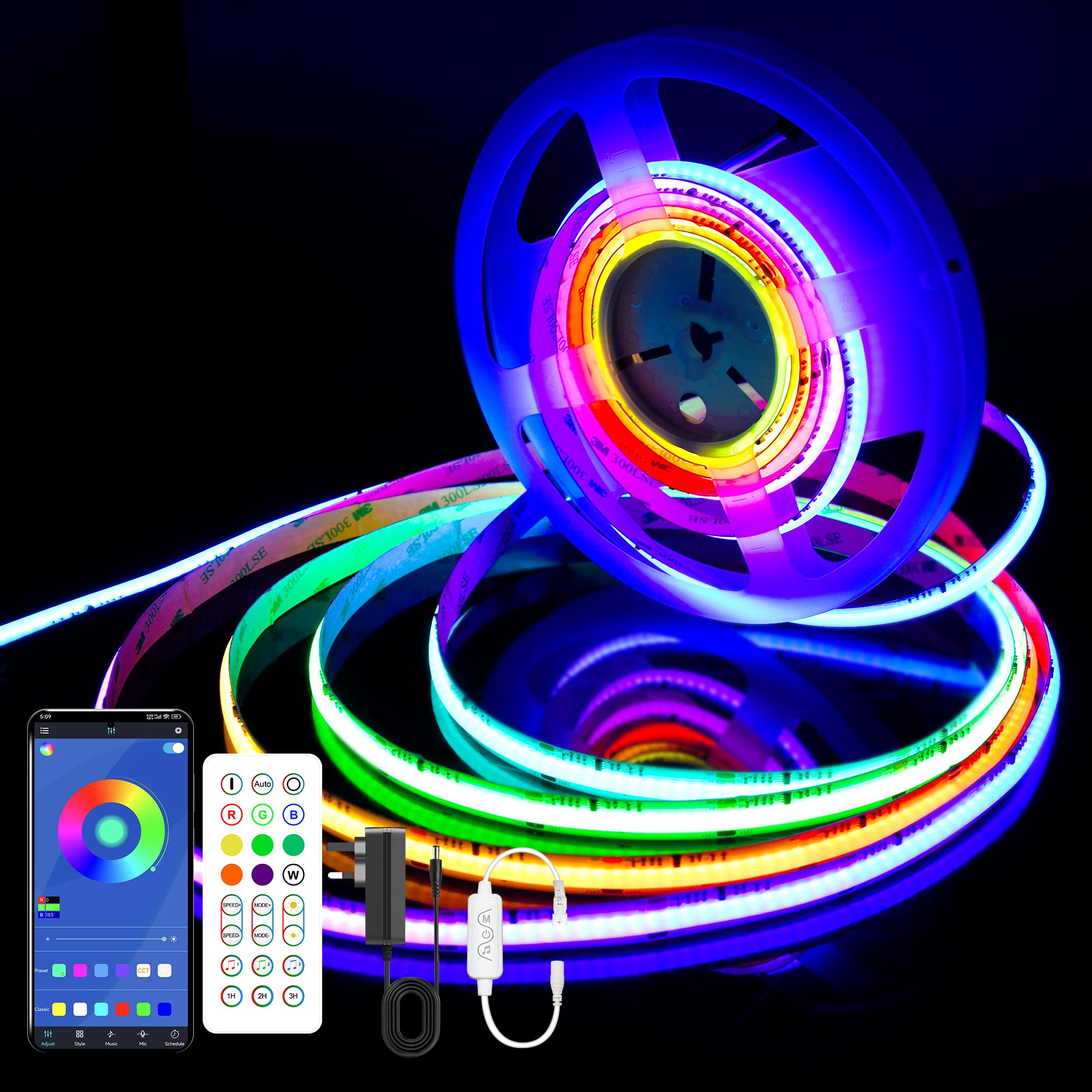 AXMOTUT RGBIC COB LED Light Strip 3M, DC24V with Remote and Adapter, Silicone RGBIC LED Rope Light, Smart App Control, Music Sync for Gaming, Bedroom Living Room Decor — image 1