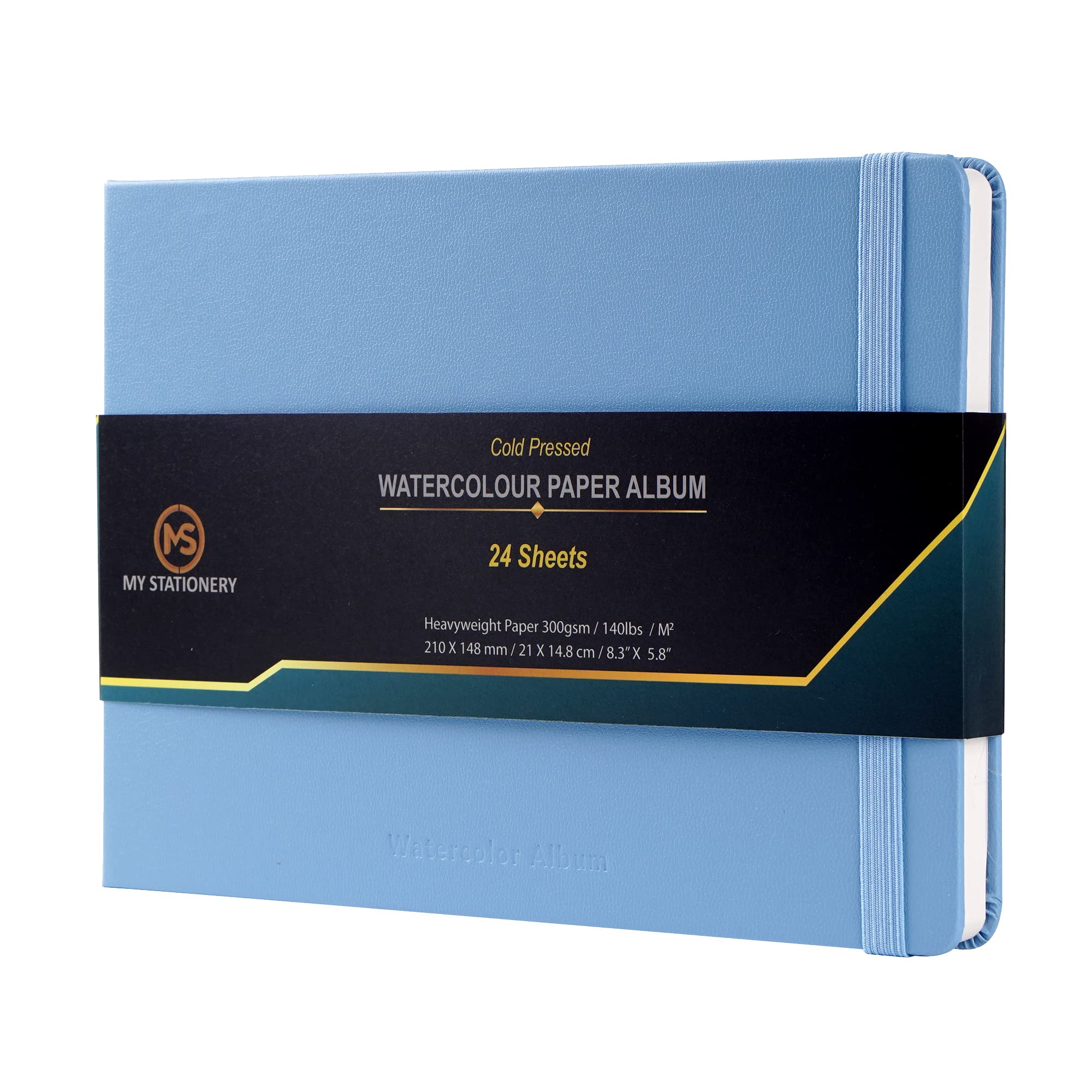 A5 Watercolour Pad Cold Pressed Sketch Book Leatherette Cover Hardcover Glued Binding Paper Album 140lb (300gsm) 100% Cotton Ivory Colour Paper Sketchbook Journal 24 Sheets - Sky Blue Cover