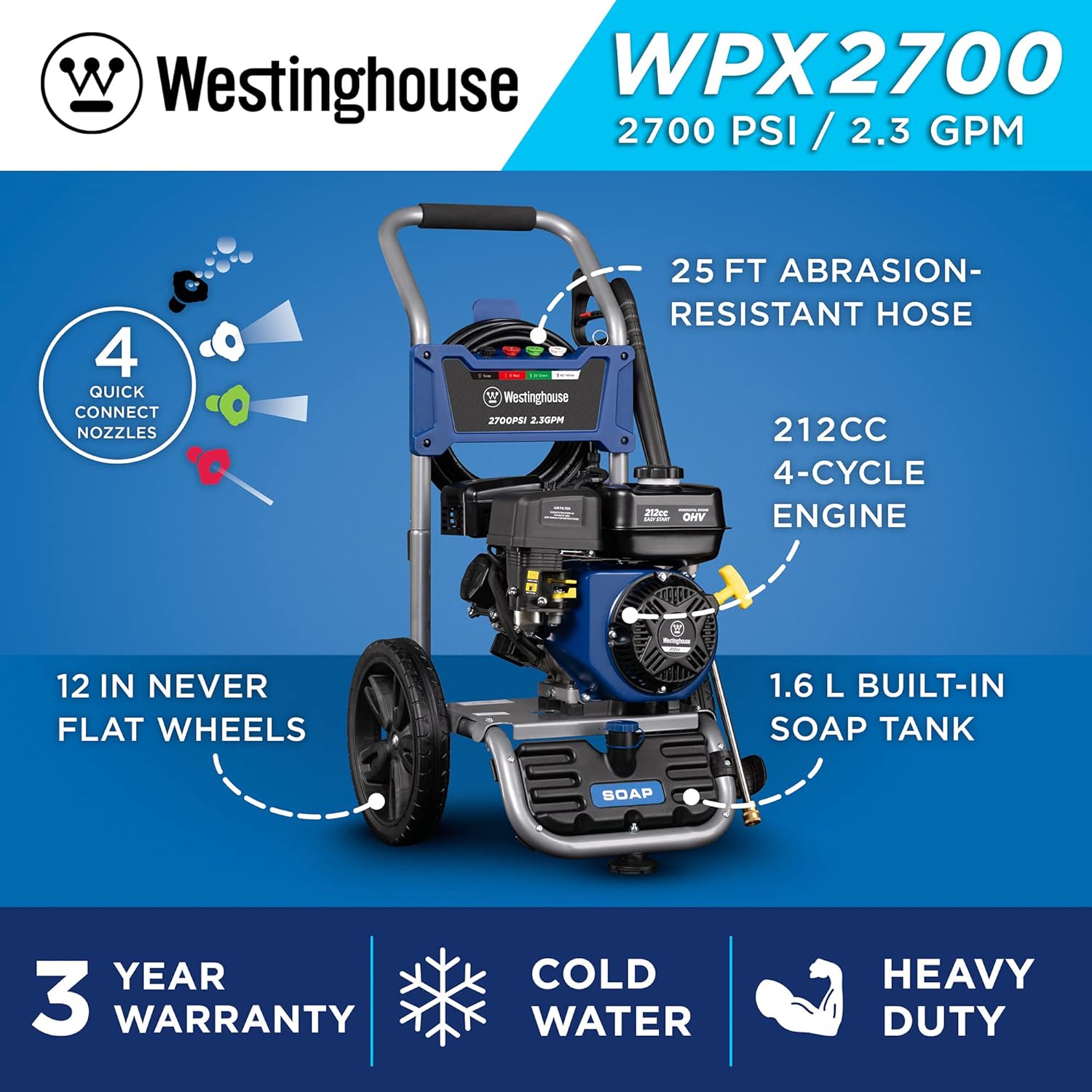 Westinghouse Outdoor Power Equipment WPX2700 Gas Powered Pressure Washer 2700 PSI and 2.3 GPM, Soap Tank and Four Nozzle Set, CARB Compliant: Garden & Outdoor
