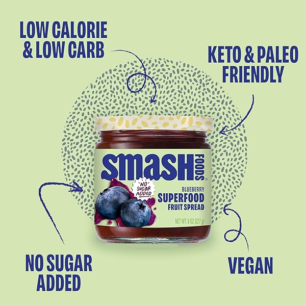 CHIA SMASH BLUEBERRY JAM | LOW-CALORIE, NO SUGAR ADDED KETO JAM WITH UPCYCLED FRUIT & CHIA SEEDS | VEGAN, PALEO SUPERFOOD FRUIT SPREAD (1 JAR)
