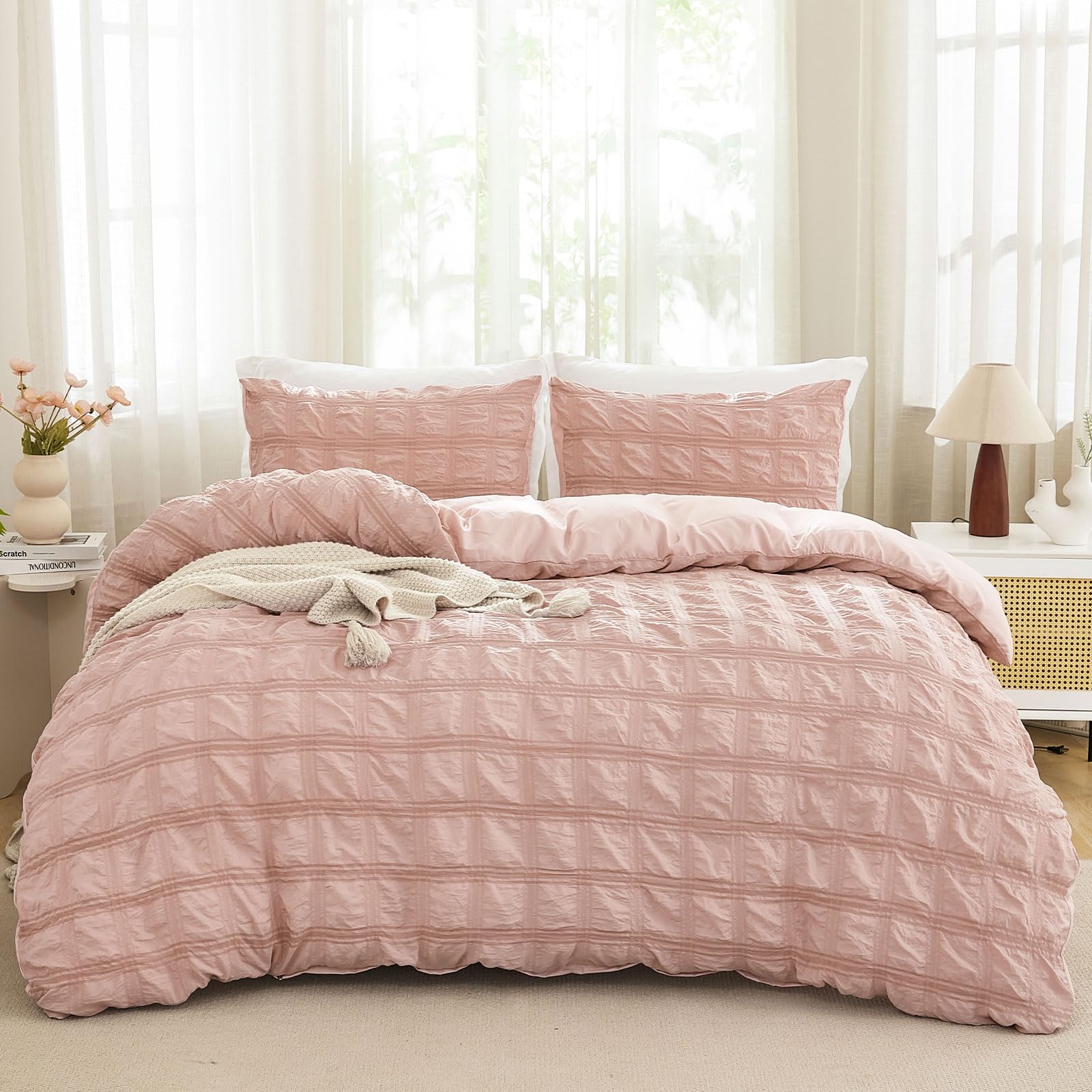 Fondream Pink Seersucker Duvet Cover Double Size Pompom Tassels Design Bedding Set Textured Bedding Set with Zipper Closure (Pink, Double) — image 1