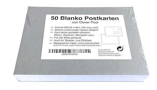 Clever Pool, Blanko Postkarten zum Selbstgestalten, Postkarte aus weißem 350g Karton, Postkarten zum Bedrucken, 50 x DIN A6