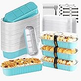 OBXMLFY 50 Pack Mini Cake Pans with Lids and Spoons, Mini Loaf Baking Pans 6.8oz, Small Disposable Aluminum Foil Loaf Pans, Rectangular Baking Containers for Party and Picnics, Cheesecake Pans (Blue)