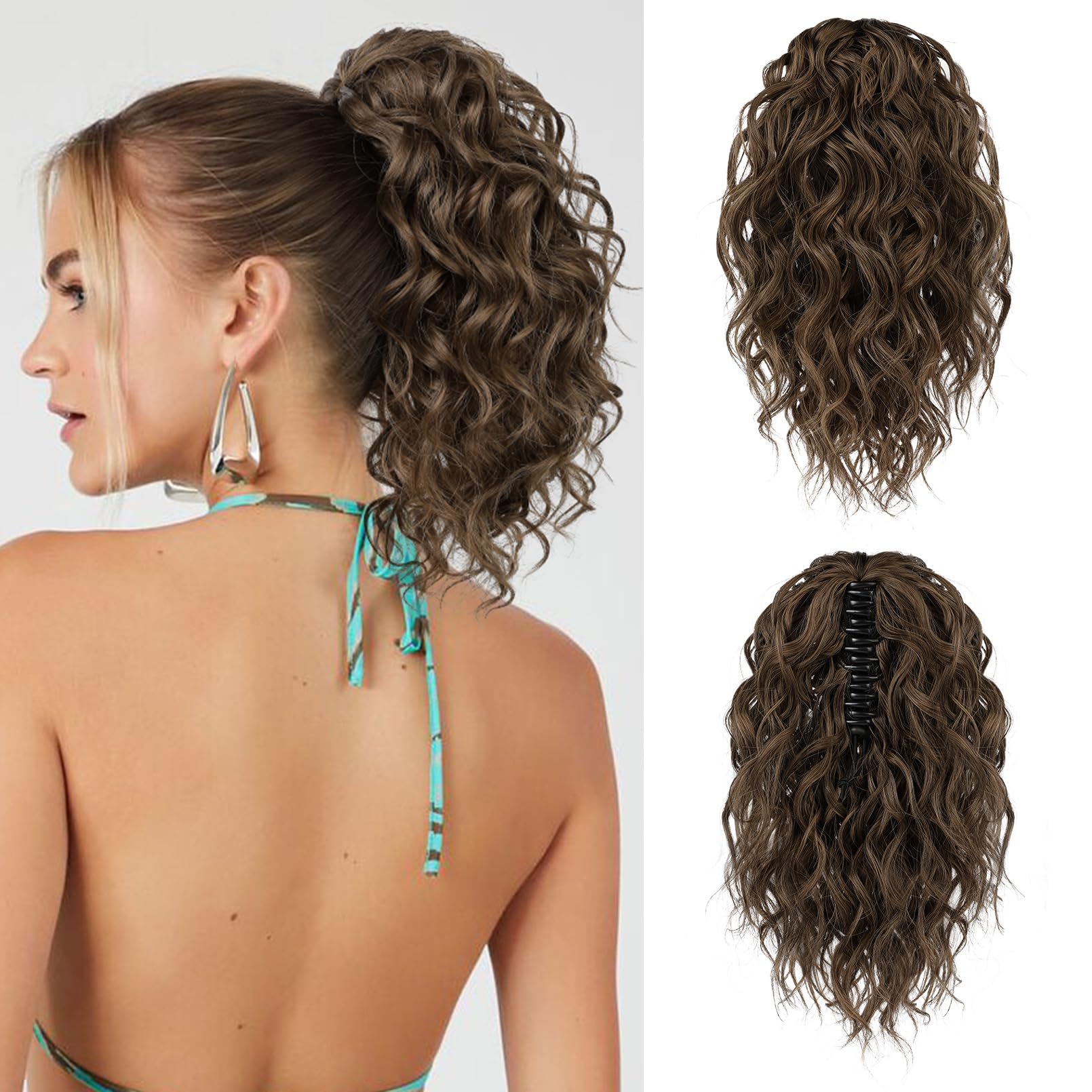 Photo 1 of FLUFYMOOZ Ponytail Extension, 12" Short Claw Ponytail Extension Wavy Curly Jaw Clip in Pony tails Hair Extension Natural Synthetic Hairpiece for Women (Medium Brown Auburn)