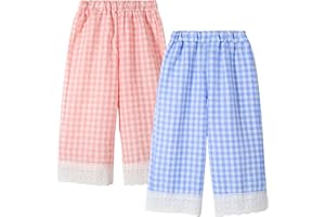 Miipat Toddler Girls Wide Leg Pants Elastic Waist 2 Pack Gingham Pants Kids Loose Checkered Plaid Lace Bottoms