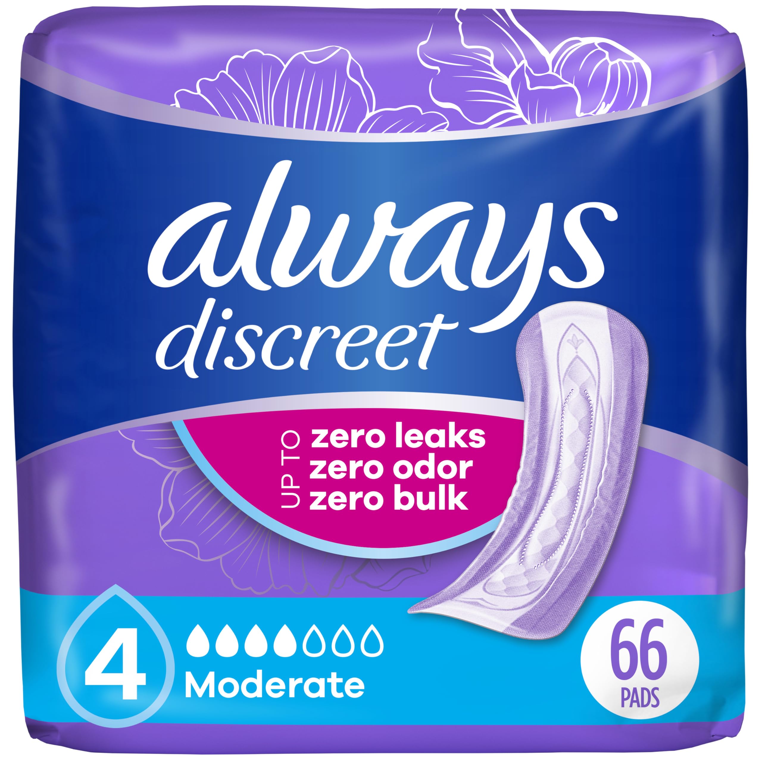 Photo 1 of Always Discreet Adult Incontinence Pads for Women, Drier, 4 Drop Regular Length, Moderate Absorbency, Pads for Bladder Control Management, Bladder Leaks, & Postpartum Pads, 66ct
