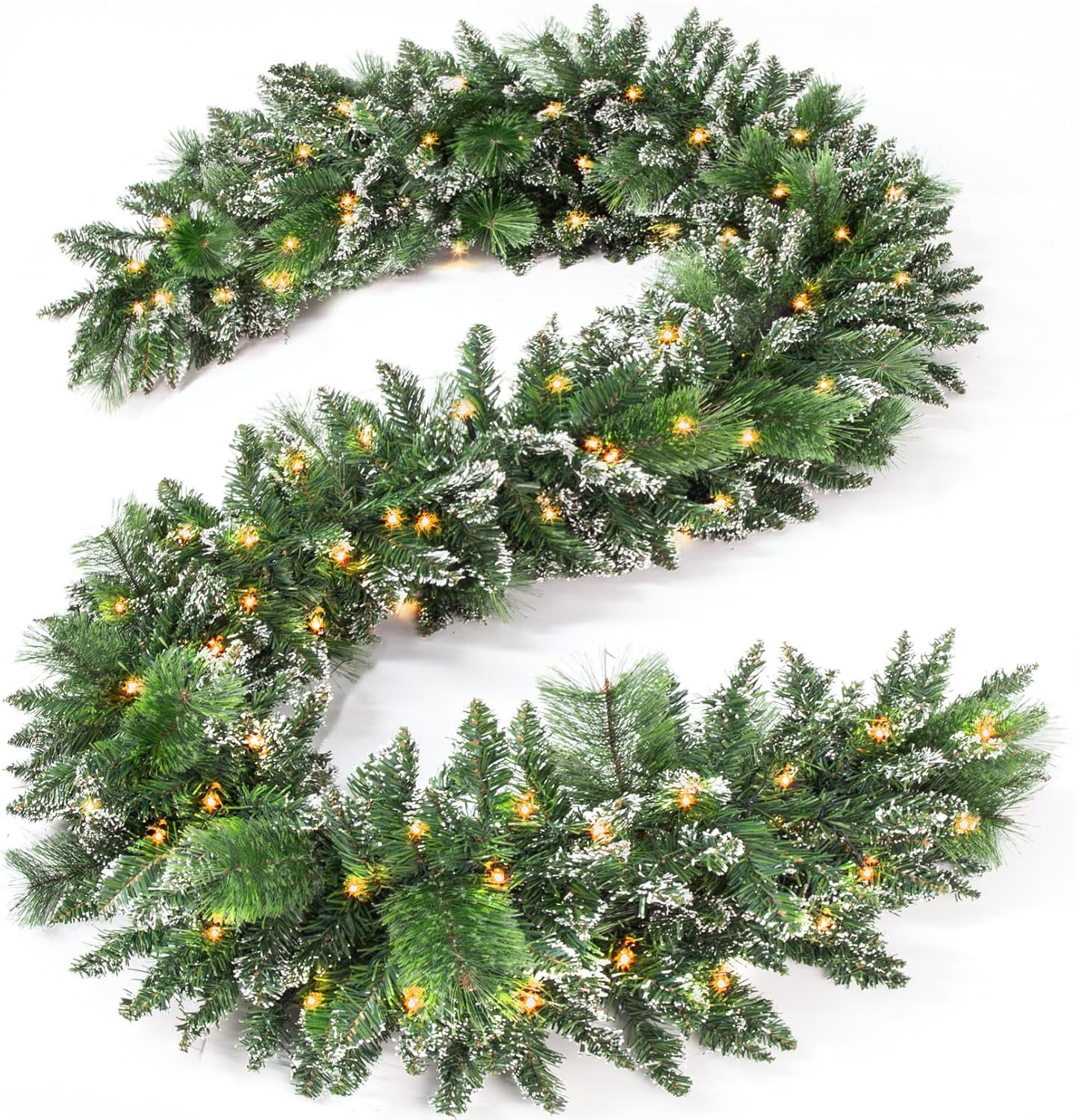 Wreaths, Garlands & Swags - Jin&Bao 9FT Christmas Garland with Lights 100 LED Prelit Pine Needle Snow-White Branches Garland Christmas Decorations with Timer 8 Modes for Mantle, Stairs, Door, Outdoor, Indoor, and Winter Decor