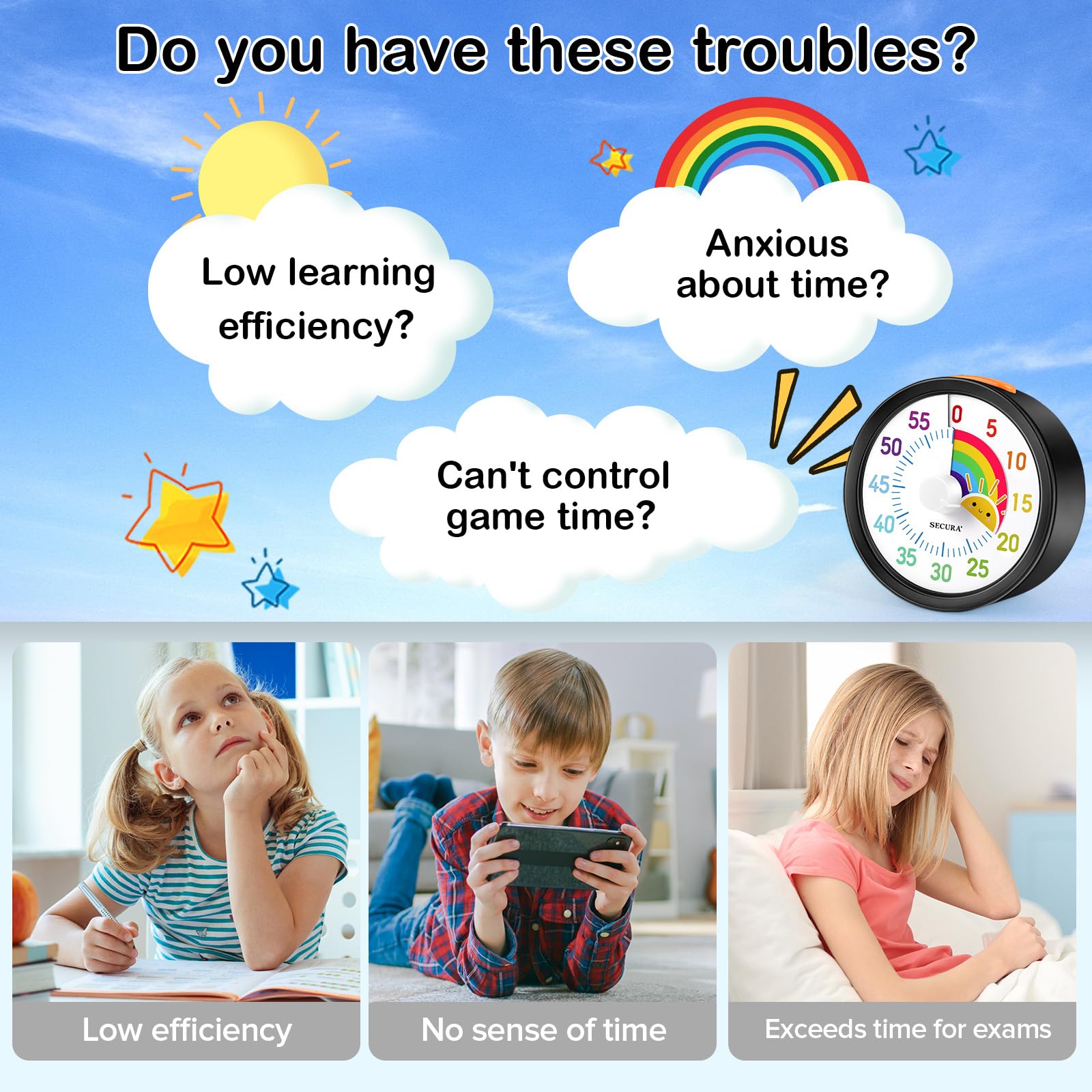 Secura 60-Minute Visual Timer for Kids, Classroom Countdown Timer with 'Rainbow' Pattern, Timer Management Tool for Kitchen, School, Office (Black & Sun)