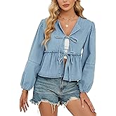 D-Sun Women Fall Peplum Babydoll Denim Shirt Tie Front Long Puff Sleeves Jean Blouse Y2K Cropped Bow Open Front Top