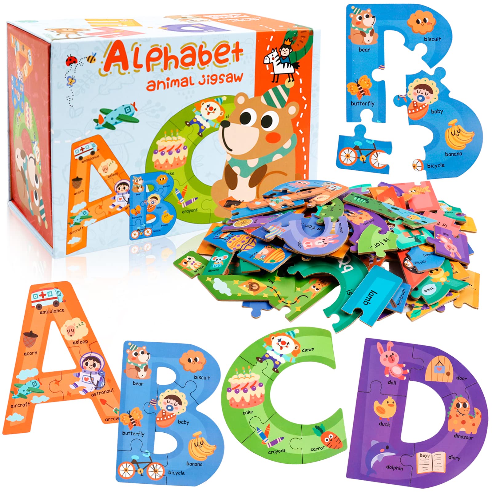 Photo 1 of NAODONGLI Wooden Alphabet Puzzles for Toddlers Ages 3+,Montessori Preschool Learning ABC Sight Words Letter Puzzle for Toddlers,Learning Toys Easter Birthday Gift for Kindergarten Boys Girls
