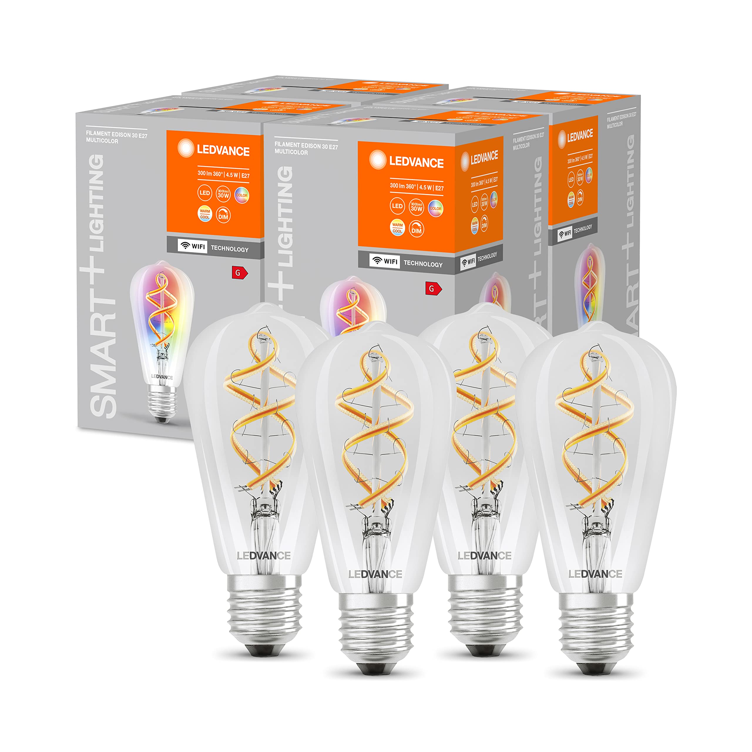 LEDVANCE Smart LED Lamp with Wifi Technology, E27, RGB Colour Changeable, Globe Shape, Coloured Filament as Mood Light, Replacement for Conventional 60W Bulbs, Controllable with Alexa, Google & App, Warm White, SMART WiFi G60D