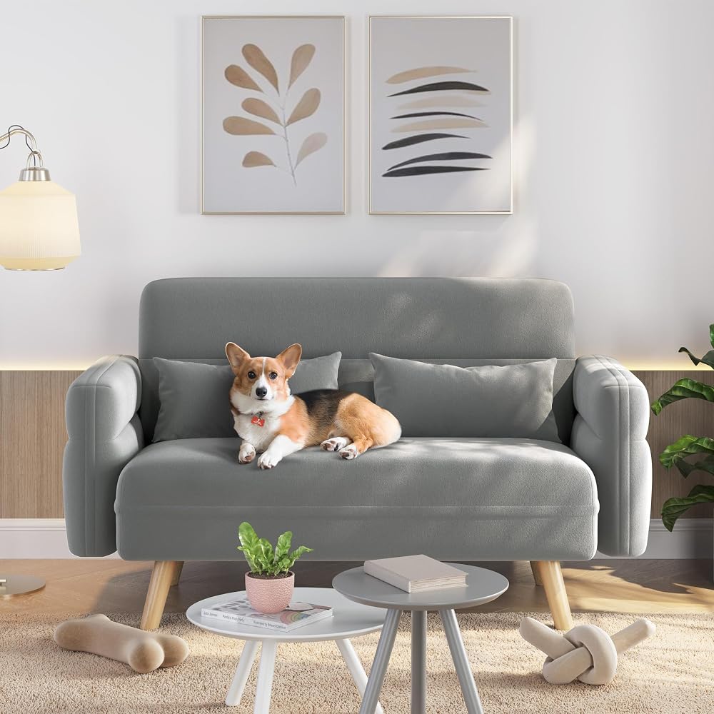 Yaheetech Small Modern Fabric Loveseat 116cm Light Grey with Pillows
