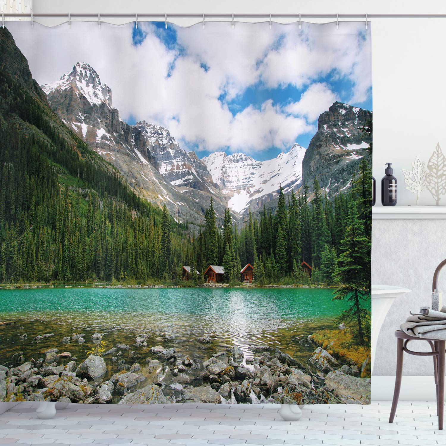 ABAKUHAUS Landscape Shower Curtain, Canada Ohara Lake Yoho National Park with Mountains Nature Scenery Art Photo, Cloth Fabric Bathroom Decor Set with Hooks, 94 Inches, Multicolor