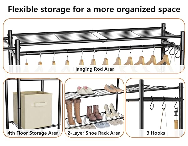 WARDROBE CLOSET,PORTABLE CLOTHES RACK WITH 4 TIERS SHELVES,FREESTANDING CLOSET ORGANIZERS AND STORAGE SYSTEM WITH HANGING RODS,STEEL CLOTHING RACK SUITABLE FOR CLOAKROOMS,BEDROOMS,ENTRANCES,ETC.BLACK