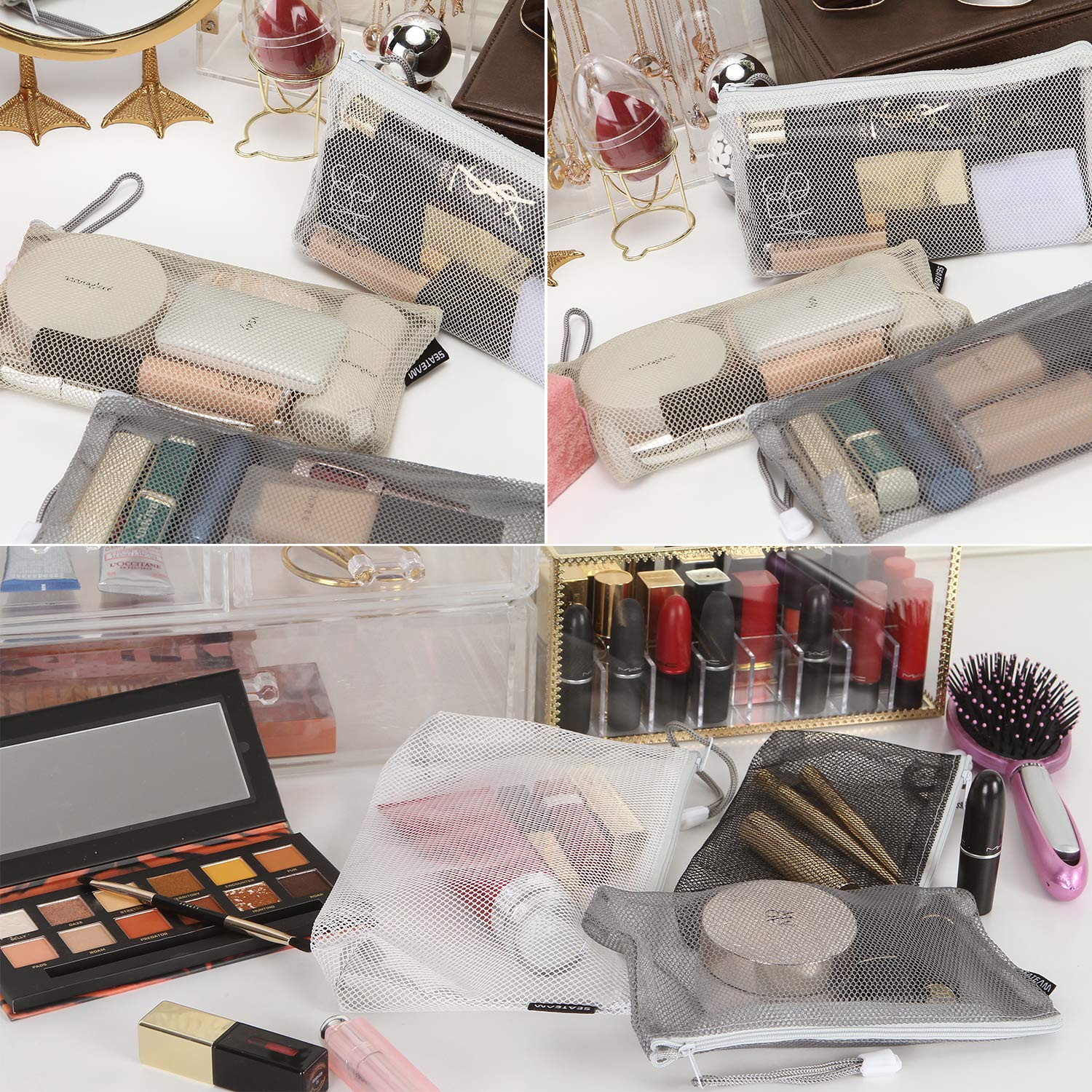 Sea Team 6pcs Multicolored Portable Travel Toiletry Pouch Nylon Mesh Cosmetic Makeup Organizer Bag with Zipper : Beauty