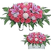 Lodou Artificial Cemetery Flower Saddles,Headstone Saddles for Graves,Lily Rose Flowers Saddle for Cemetery Headstones Decoration Outdoor Memorial Decorations (Purple Lily, Saddle)