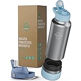 AOHEA 32oz(26+6) oz Insulated Water Bottle with straw and Hidden storage(6oz), Stainless Steel Double Walled Vacuum Sports Water Bottle with 2 Lids for Gym Camping Hiking (Blue, 32oz)