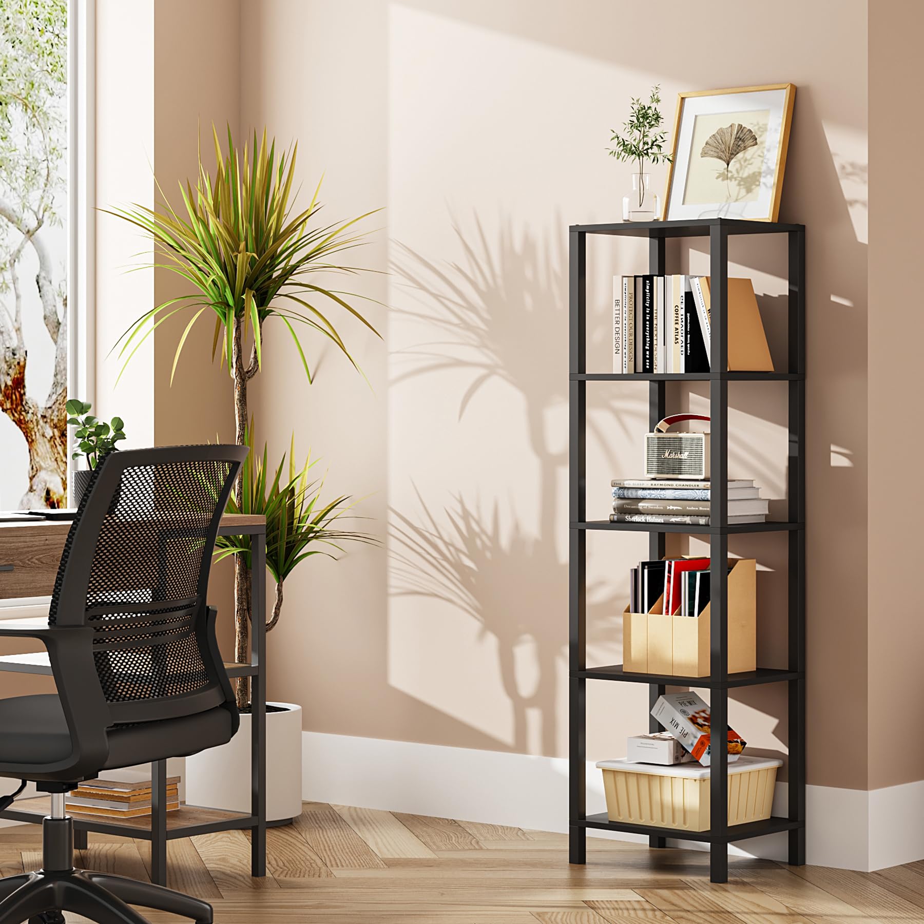 Photo 1 of TUTOTAK Bookshelf, 5-Tier Tall Book Shelf, Narrow Bookcase for Small Space, DIY Stackable Bookshelf, for Living Room, Office, Study, Entryway, Industrial, Black BS01BK005