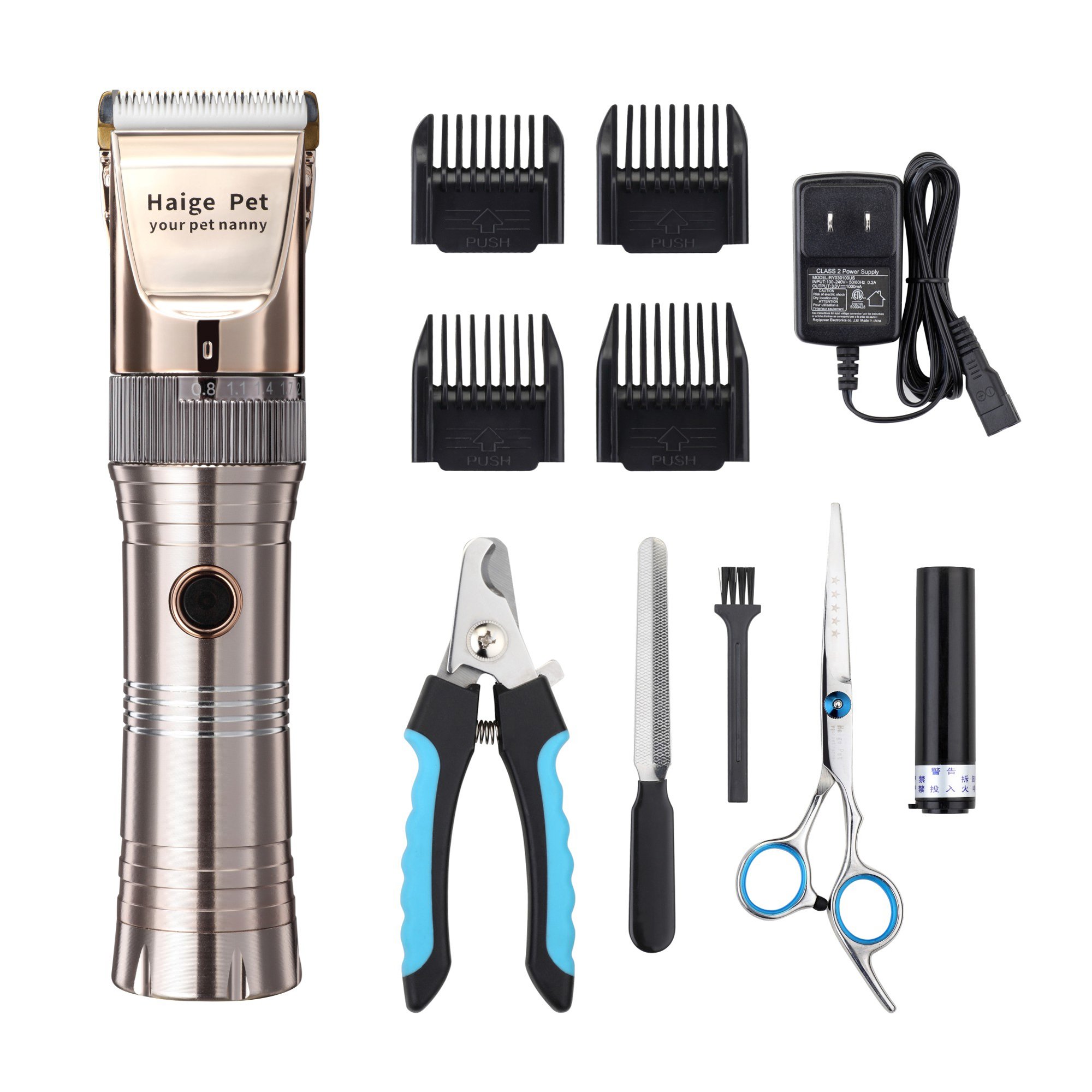 Dog Clippers,Haige Pet Grooming Electric Clipper Kit,Professional Low Noise Rechargeable Cordless Hair Trimmer Set for Dogs and Cats (Gold)