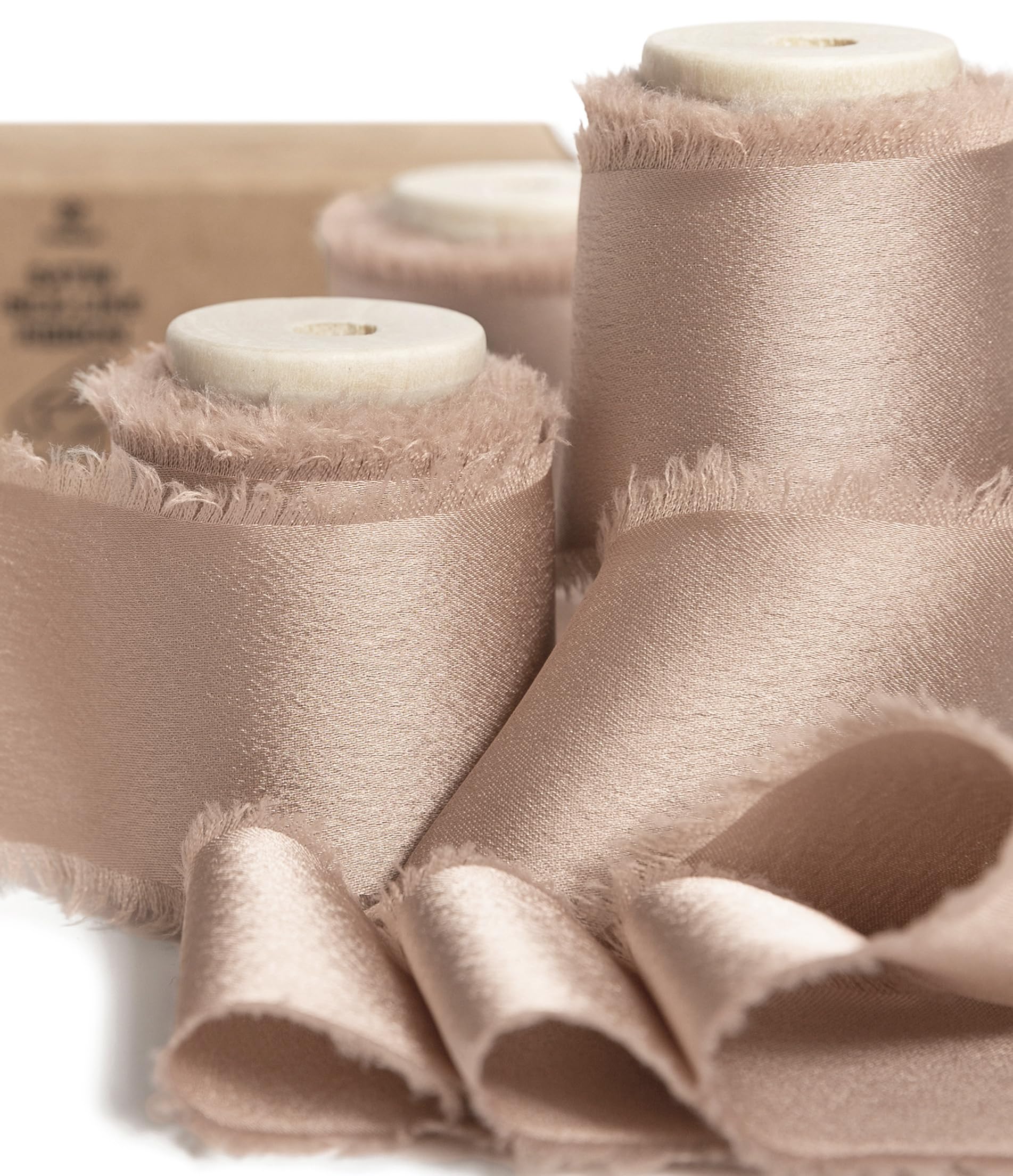 Vitalizart Champagne Silky Satin Ribbon, 1.5'' x 15 Yard with Wooden Spool, Nude Handmade Fringe Chiffon Ribbons for Gift Wrapping, Festive Decoration, DIY Craft, Wedding Bridal Bouquet