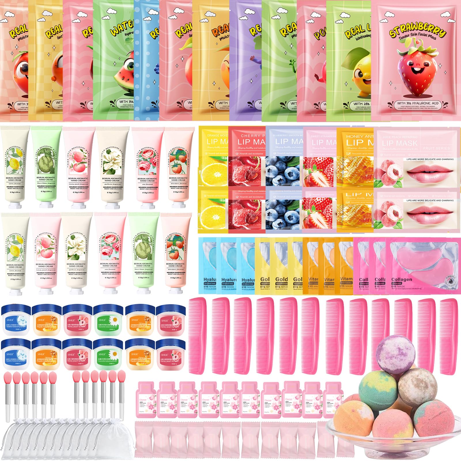 Photo 1 of 144 PCS Spa Party Supplies for Women, Spa Party Favors Include Face Masks Skincare,Hand Cream,Lip Mask,Comb and Foot Bath Bombs,Spa Birthday Sleepover Party Supplies for Women