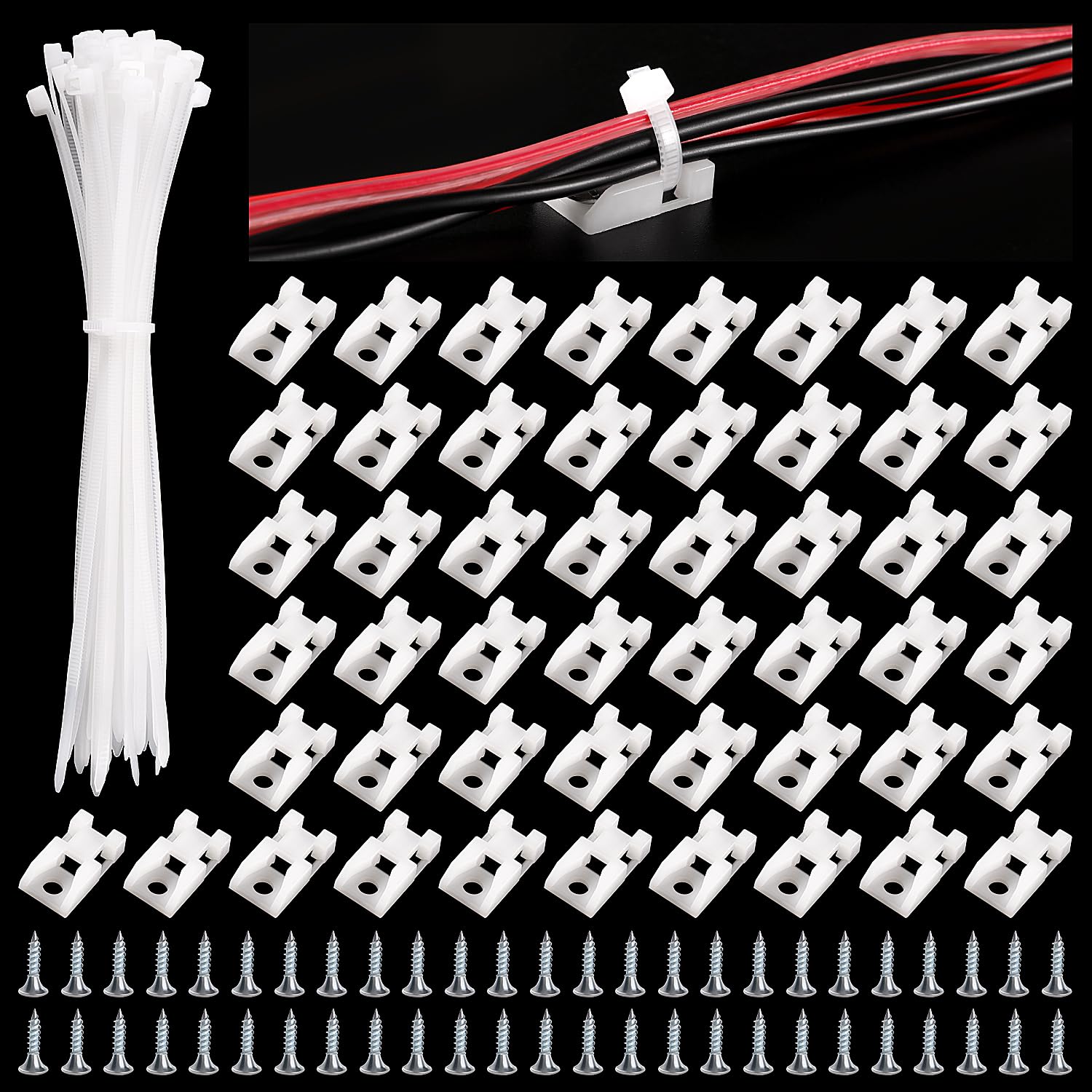 VooGenzek 50 Sets 24.2 * 13.3 mm Saddle Type Cable Tie Mount Bases, Saddle Type Mount Wire Holder, with M3.5 Screws and Cable Ties, for Wire and Cable Tidy, White