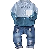 NZRVAWS Toddler Baby Boy Clothes Infant Plaid Pocket Shirt Denim Ripped Jean Pants Outfits Set 6-24 Months 2-5T