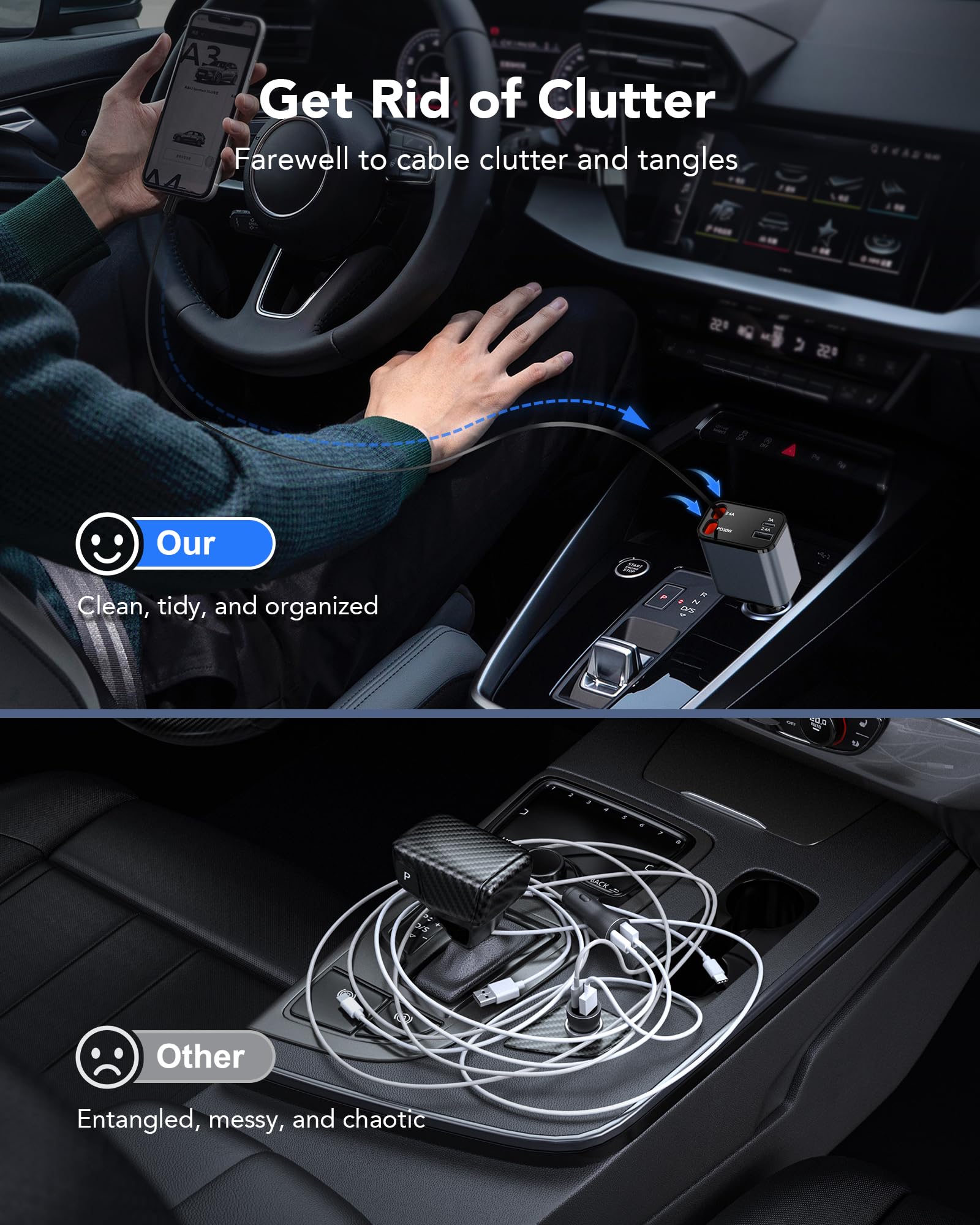 69W Retractable Car Charger, 4-in-1 Fast Car Phone Charger with 2.6ft Two Retractable Cables and USB C+USB A Car Charging Block Cube, Compatible with iPhone 16 15 14 13 12 Pro Max Plus,Galaxy,Pixel
