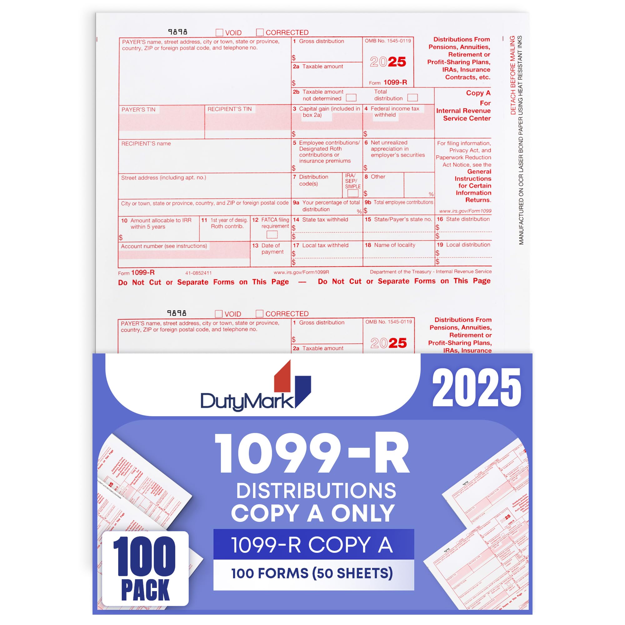 Photo 1 of 1099-R Copy A Tax Forms 2025 (distributions) Laser Tax Forms, Red Ink Laser Forms for IRS Filing, Copy A ONLY Federal Copy A 2025, Pack of 25 Forms - 13 Sheets