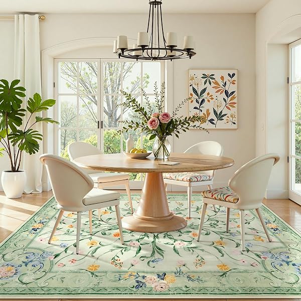 MOREBES 5X7 SAGE GREEN AREA RUGS, WASHABLE FLORAL NURSERY RUG NON SLIP, SOFT LOW PILE INDOOR FLOOR CARPET FOR LIVING ROOM DINING PLAYROOM HOME (SAGE GREEN 5’X7′)