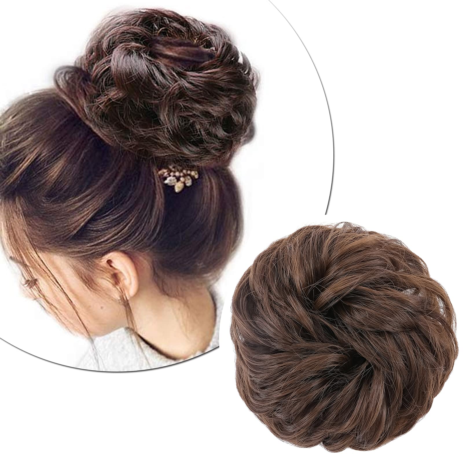 Silk-co Scrunchy Scrunchie Hair Bun Extensions Thick Updo Hairpiece Ponytail Wavy Curly Messy Donut Hair Chignons Hair Piece - Maroon