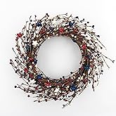 NeoL'artes 20inch Patriotic Wreaths for Front Door, 4th of July Pip Berry Grapevine Wreath White Blue Stars and Berries, Independent Day Porch Door Window Decor