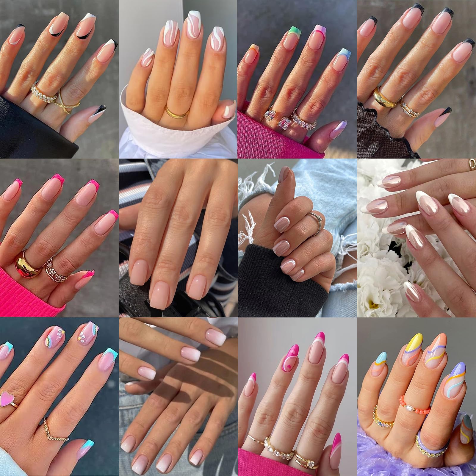 12 Pack 288Pcs Press on Nails Medium And Short - OPkssnails French Tip Press On Nails Almond And Square,Reusable Glue On Nails, Gel Fake Nails for Women
