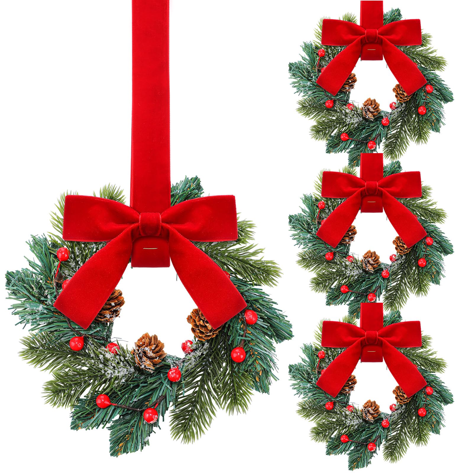 Photo 1 of Knitgrip 4 Pcs Small Christmas Cabinet Wreaths Bulk Mini Kitchen Windows Decors with Red Bow Artificial Norfolk Farmhouse Wreaths with Berry Pine Cone for Fireplace Front Door Porch Wall Hanging