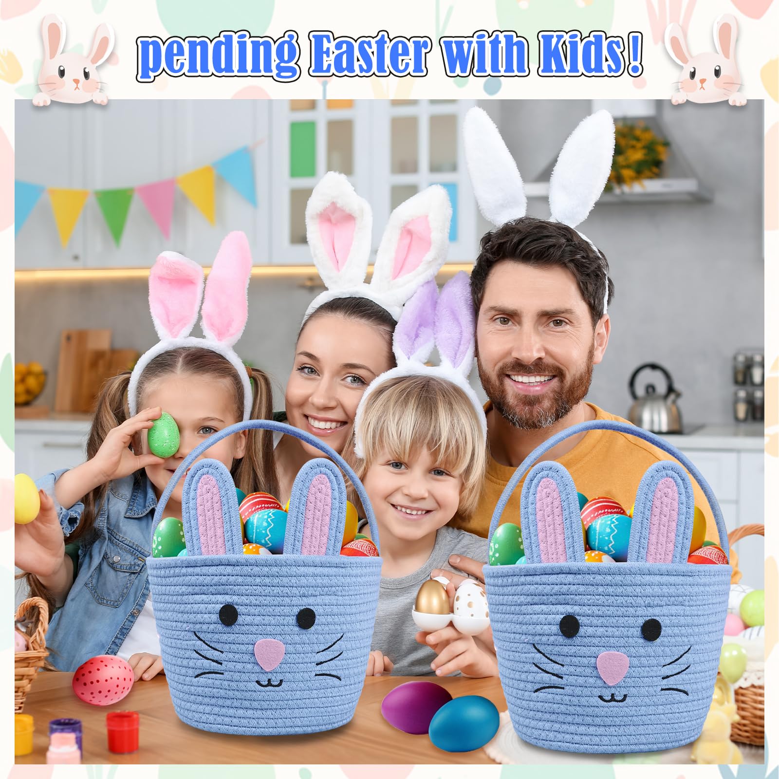 Brbecon Easter Bunny Basket for Kids with Name Tag, Blue Small Woven Easter Basket for Girls, Easter Egg Hunt Baskets Bags Easter Gifts Basket for Girls Baby Kids Children 9.8 x 7.8 x 7.8