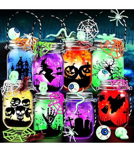 Halloween Mason Jar Craft Kit - 8 DIY Light-Up Jars With LED Lights, Spooky Decorations, Kids Art Activity