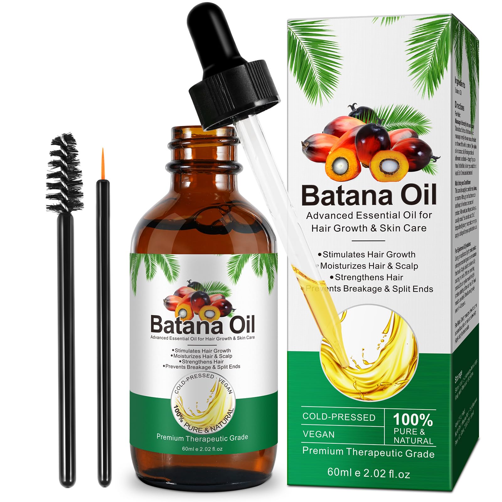 Batana Oil for Hair Growth 60ml, Batana Oil Organic Cold Press, Repairs Damaged Hair, Eliminates Split Ends & Increases Shine, Prevents Hair Loss & Breakage, Nourishes Scalp (1 PACK)